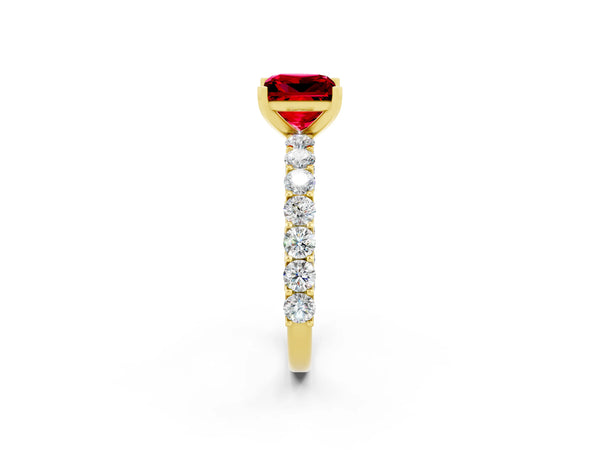 Yellow gold Princess Cut Ruby Solitaire Ring with Shared Prong Pavé Band and Four-Prong Setting