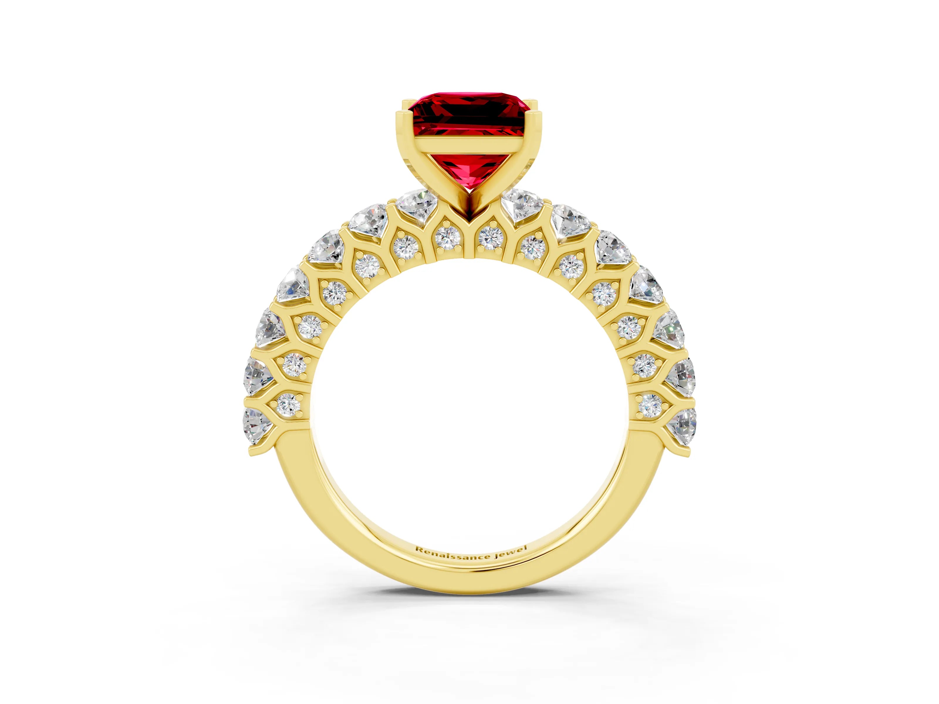 Yellow gold Princess Cut Ruby Solitaire Ring with Shared Prong Pavé Band and Four-Prong Setting_3