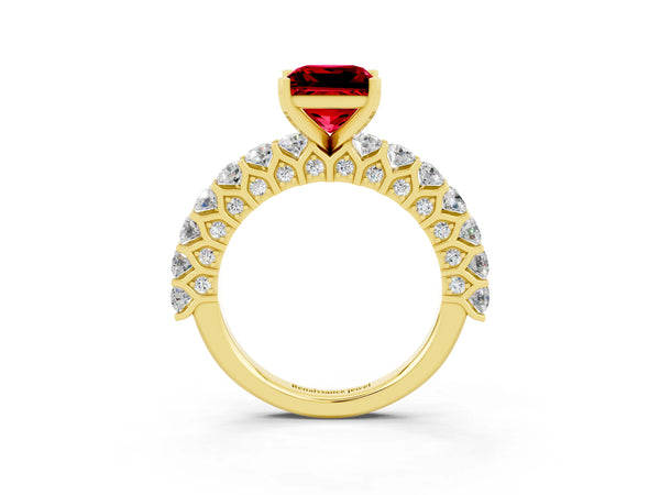 Yellow gold Princess Cut Ruby Solitaire Ring with Shared Prong Pavé Band and Four-Prong Setting