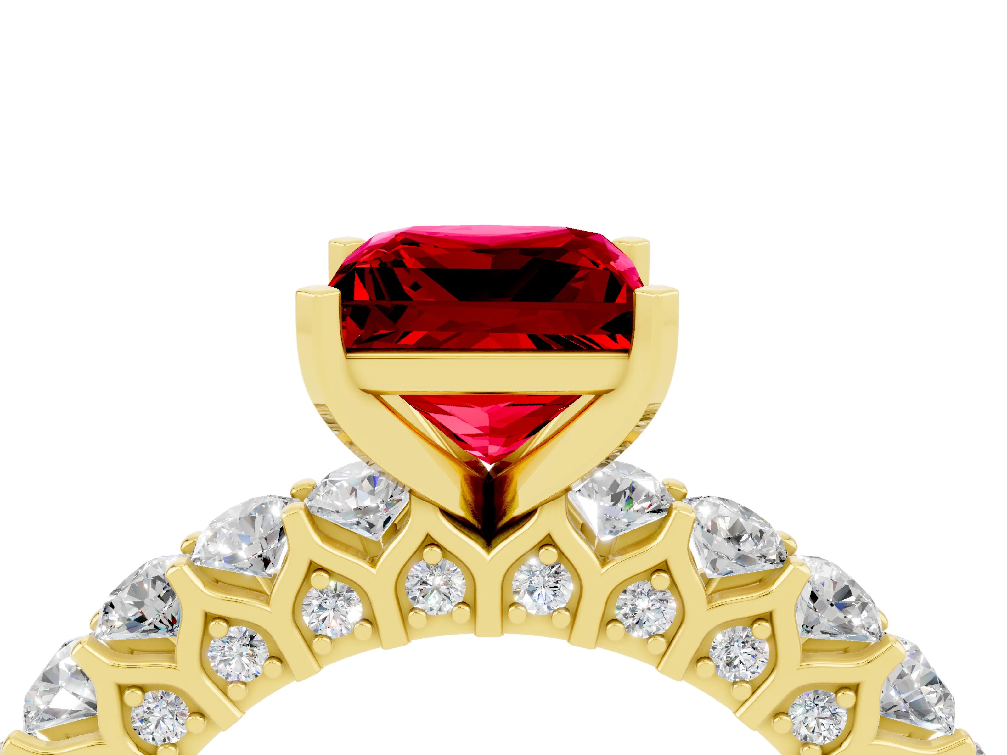 Yellow gold Princess Cut Ruby Solitaire Ring with Shared Prong Pavé Band and Four-Prong Setting_4