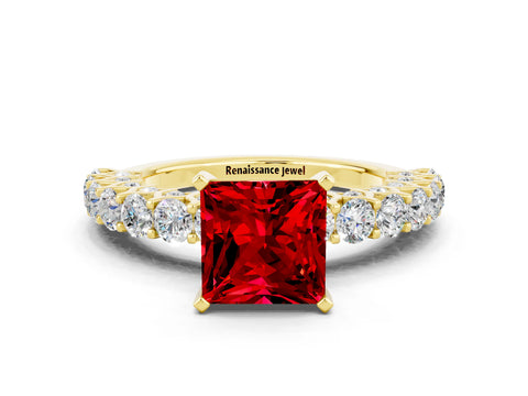 Yellow gold Princess Cut Ruby Solitaire Ring with Shared Prong Pavé Band and Four-Prong Setting
