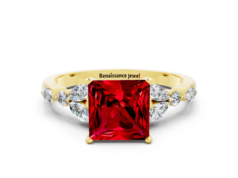 Yellow gold Princess Cut Ruby Solitaire Ring with Side Stones and Four-Prong Setting_12