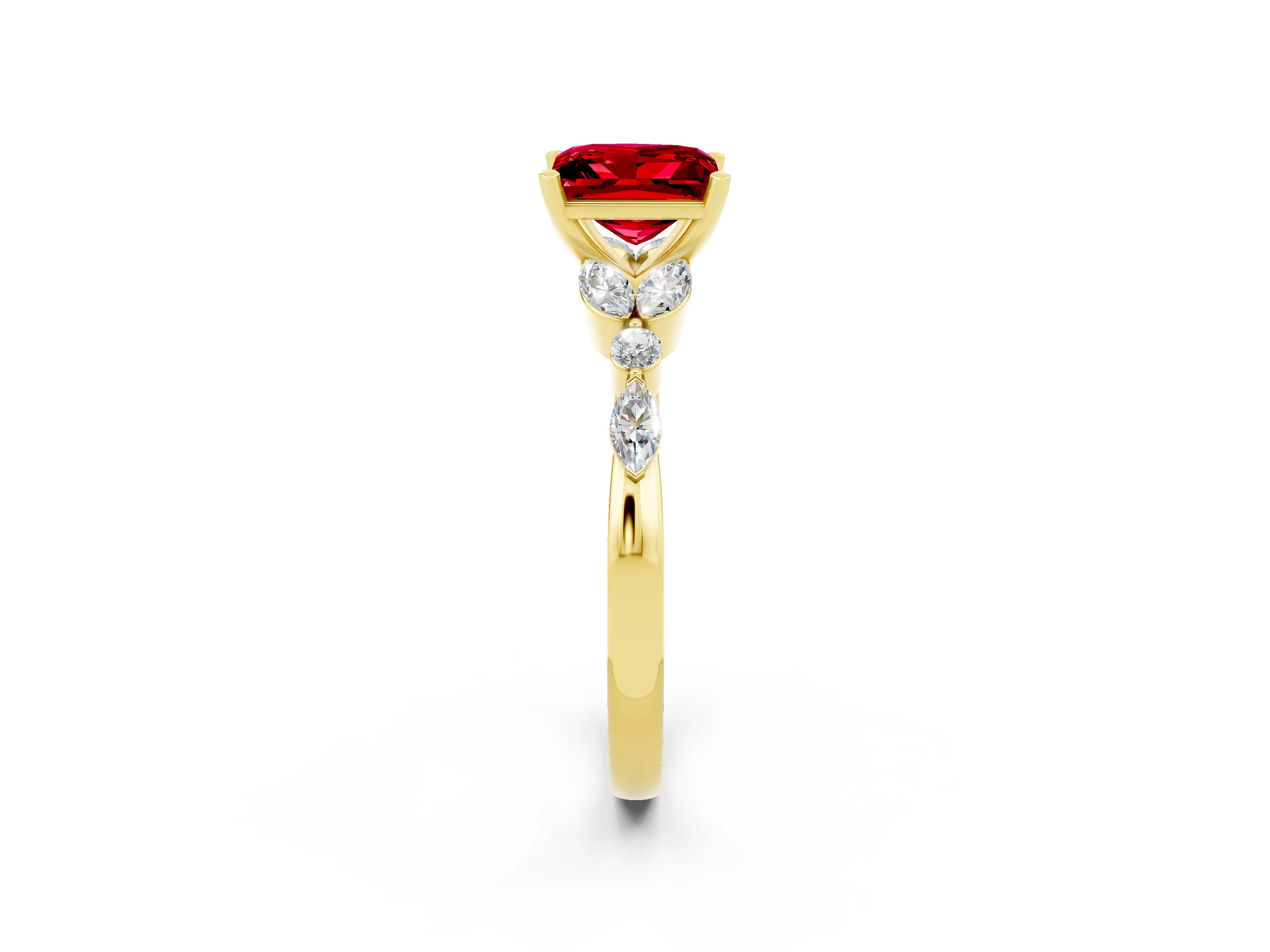 Yellow gold Princess Cut Ruby Solitaire Ring with Side Stones and Four-Prong Setting_14