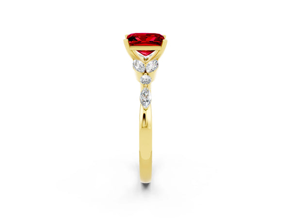 Yellow gold Princess Cut Ruby Solitaire Ring with Side Stones and Four-Prong Setting