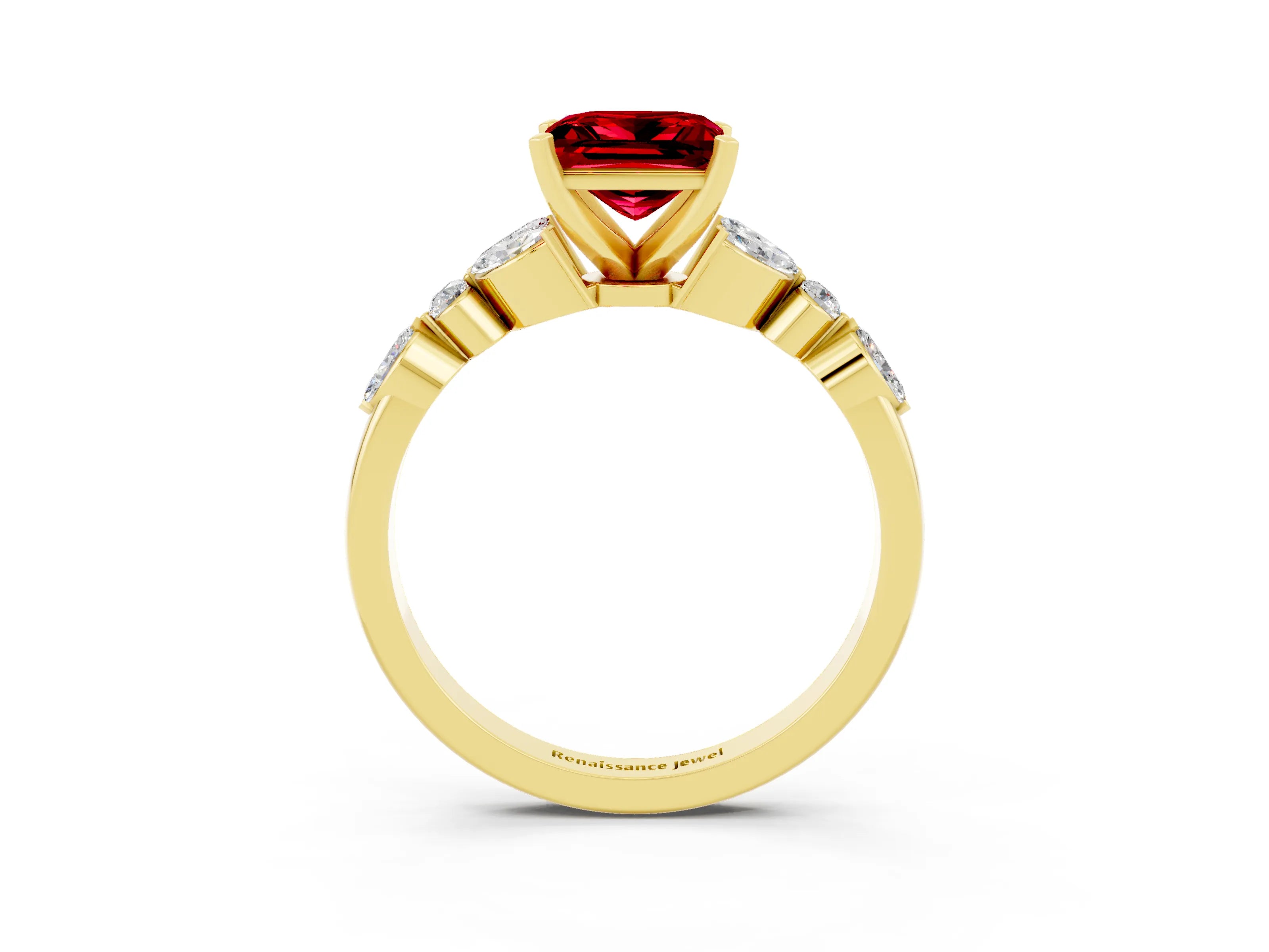 Yellow gold Princess Cut Ruby Solitaire Ring with Side Stones and Four-Prong Setting_15