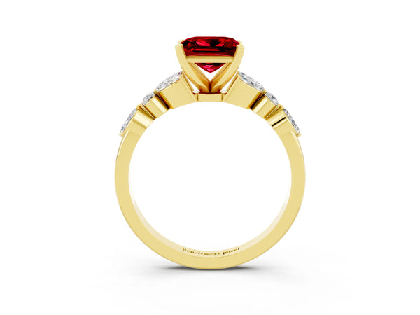 Yellow gold Princess Cut Ruby Solitaire Ring with Side Stones and Four-Prong Setting