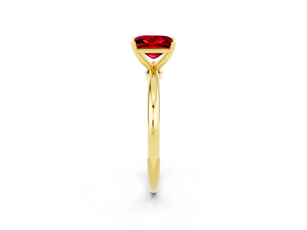 Yellow gold Princess Cut Ruby Solitaire Ring with Six-Prong Setting and Classic Band