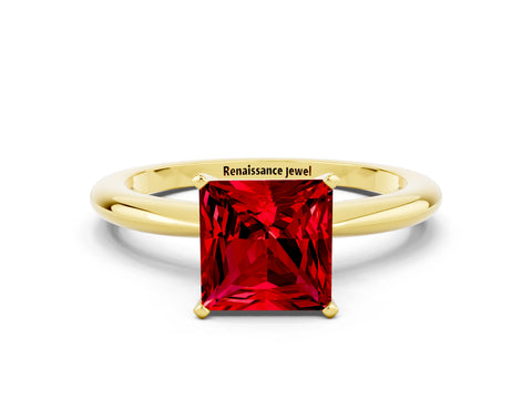 Yellow gold Princess Cut Ruby Solitaire Ring with Six-Prong Setting and Classic Band