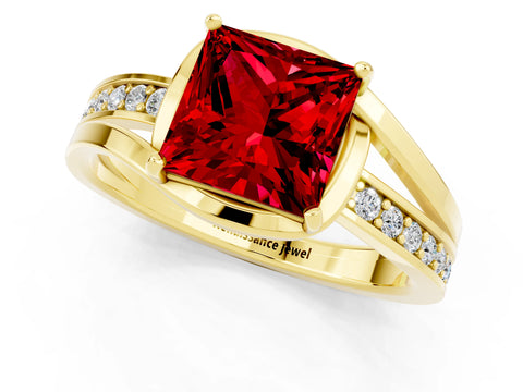 Yellow gold Princess Cut Ruby Solitaire Ring with Split Shank and Prong Setting_1
