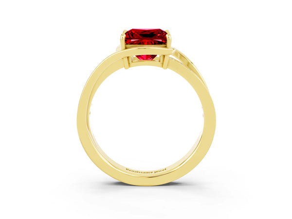 Yellow gold Princess Cut Ruby Solitaire Ring with Split Shank and Prong Setting