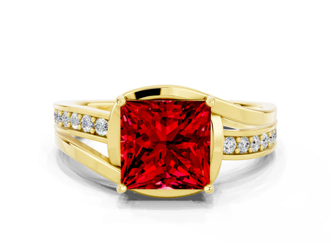 Yellow gold Princess Cut Ruby Solitaire Ring with Split Shank and Prong Setting