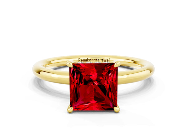 Yellow gold Princess Cut Ruby Solitaire Ring with Thin Band and Four-Prong Setting