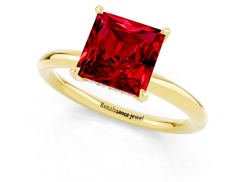 Yellow gold Princess Cut Ruby Solitaire Ring with Thin Band and Four-Prong Setting_1