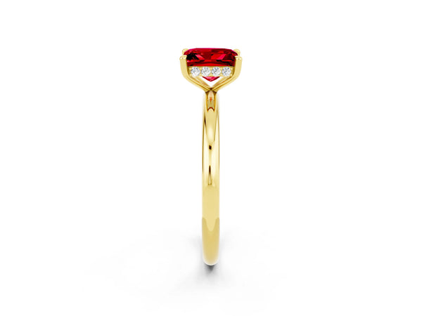 Yellow gold Princess Cut Ruby Solitaire Ring with Thin Band and Four-Prong Setting