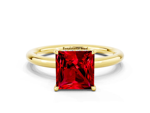 Yellow gold Princess Cut Ruby Solitaire Ring with Thin Band and Four-Prong Setting