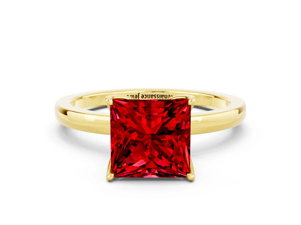 Yellow gold Princess Cut Ruby Solitaire Ring with Thin Band and Prong Setting
