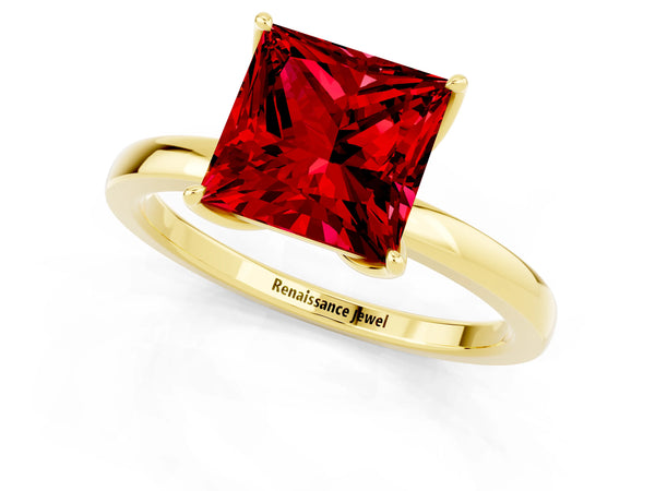 Yellow gold Princess Cut Ruby Solitaire Ring with Thin Band and Prong Setting