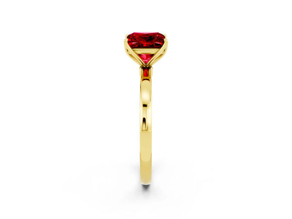 Yellow gold Princess Cut Ruby Solitaire Ring with Thin Band and Prong Setting