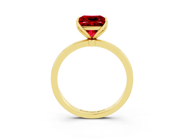 Yellow gold Princess Cut Ruby Solitaire Ring with Thin Band and Prong Setting