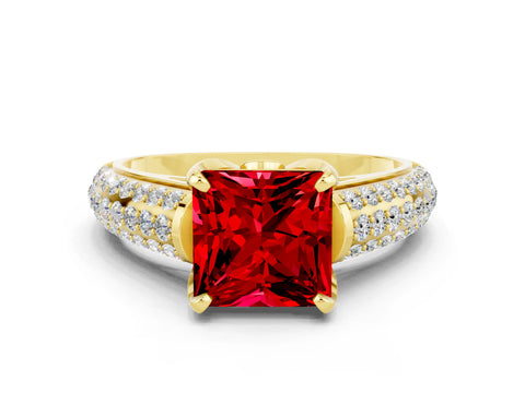 Yellow gold Princess Cut Ruby Solitaire Ring with Three-Row Pavé Band and Four-Prong Setting_12