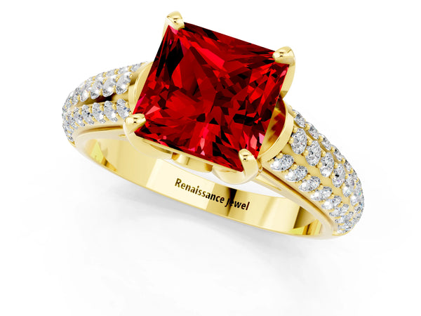 Yellow gold Princess Cut Ruby Solitaire Ring with Three-Row Pavé Band and Four-Prong Setting