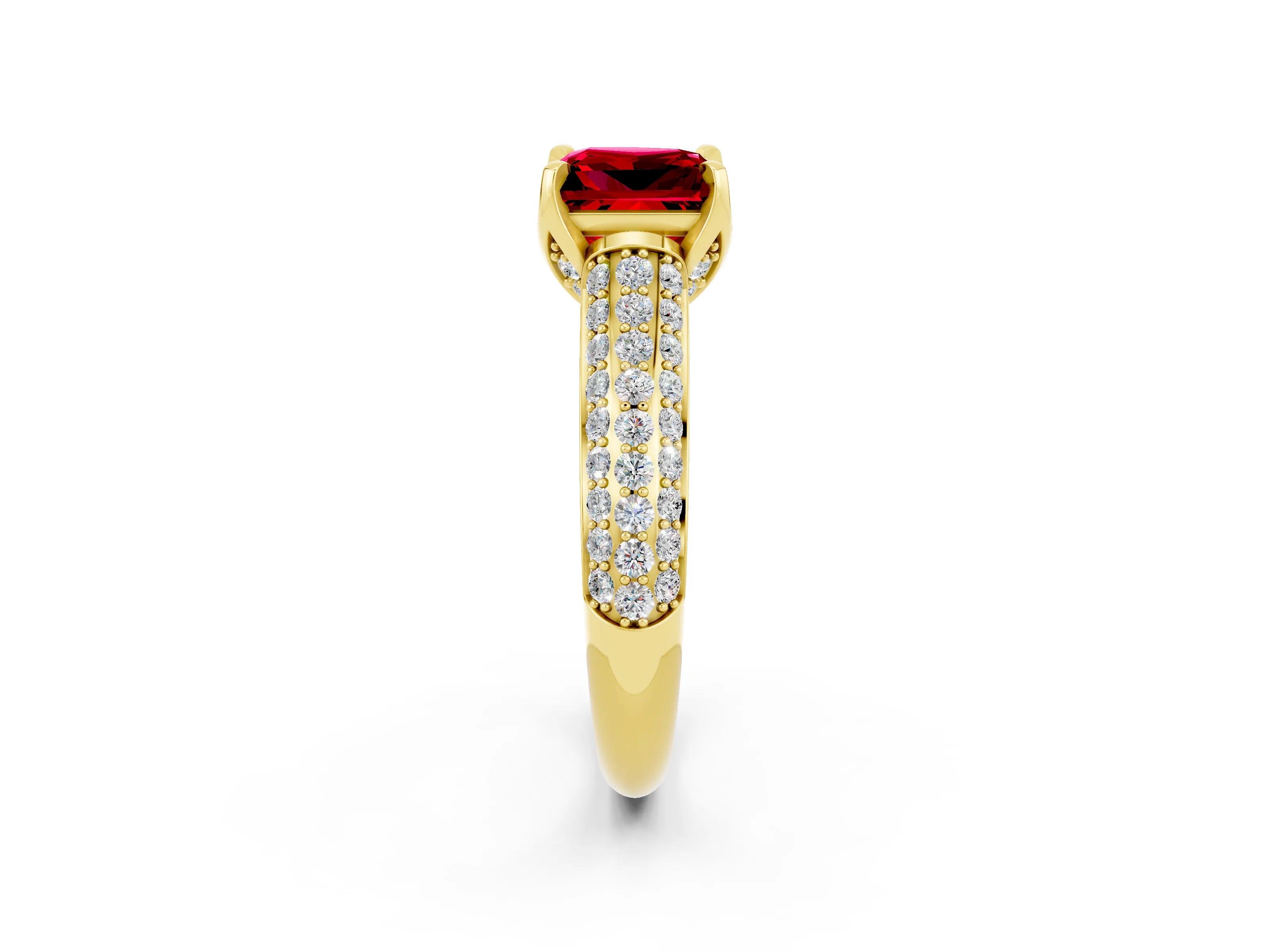Yellow gold Princess Cut Ruby Solitaire Ring with Three-Row Pavé Band and Four-Prong Setting_14
