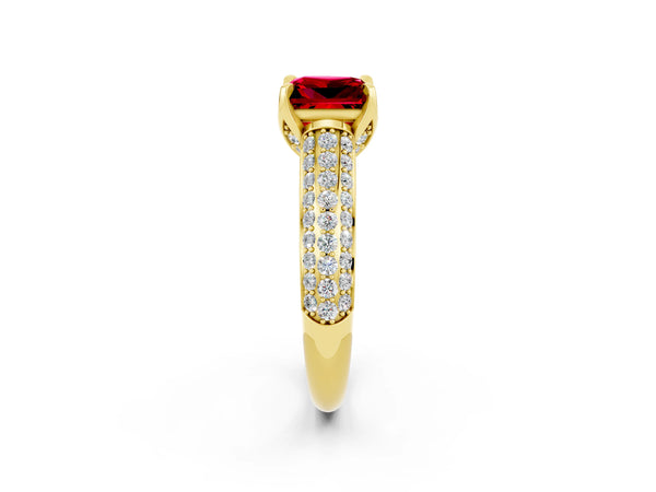 Yellow gold Princess Cut Ruby Solitaire Ring with Three-Row Pavé Band and Four-Prong Setting