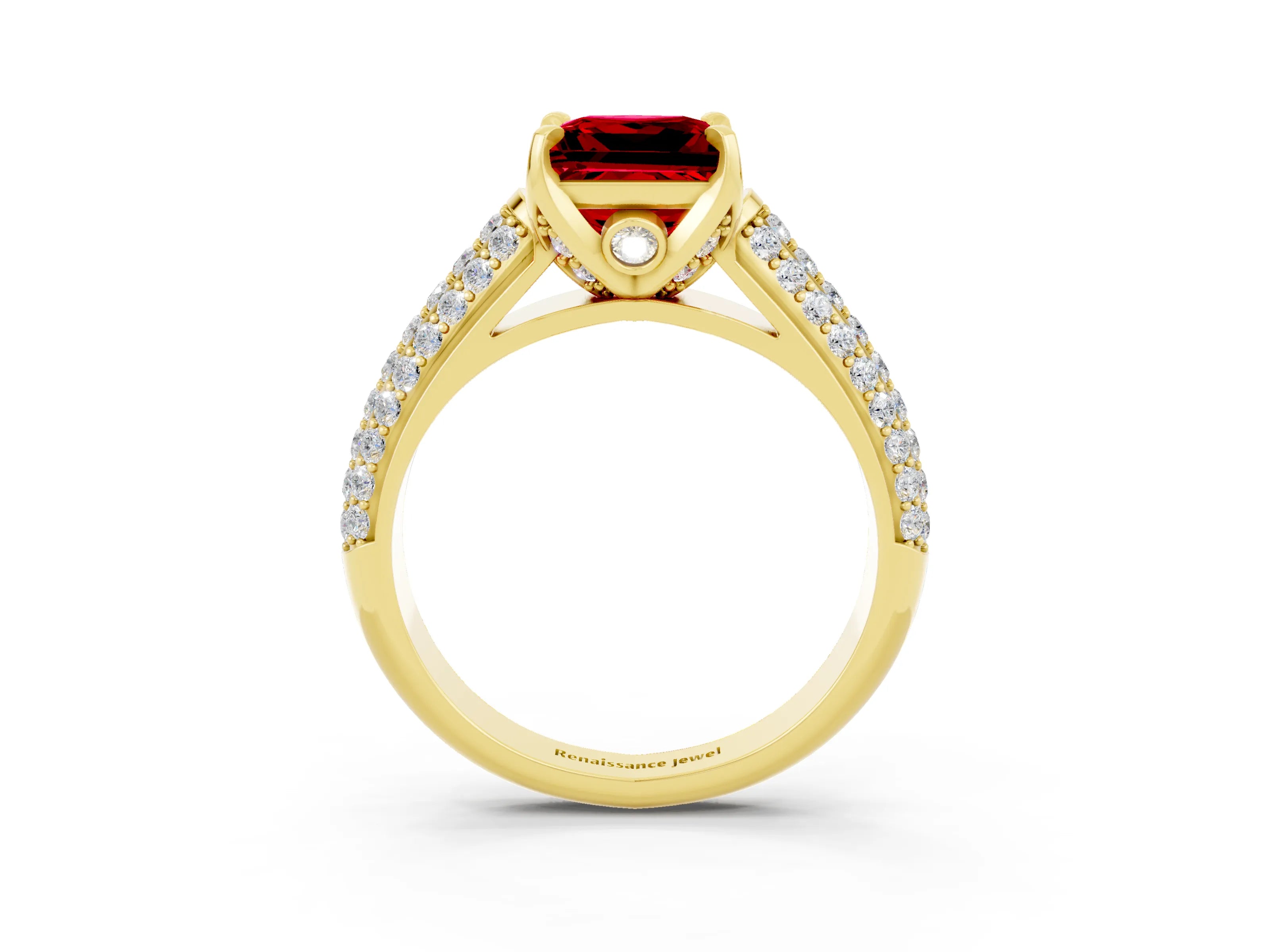 Yellow gold Princess Cut Ruby Solitaire Ring with Three-Row Pavé Band and Four-Prong Setting_15