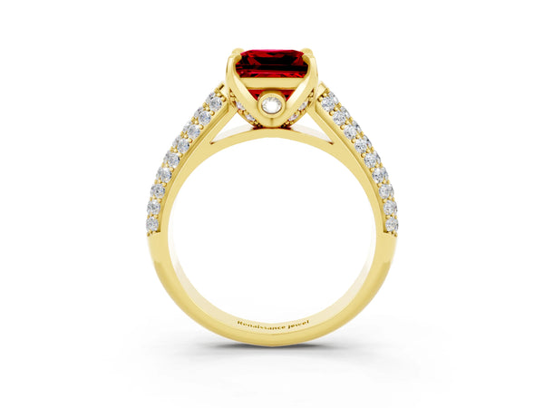Yellow gold Princess Cut Ruby Solitaire Ring with Three-Row Pavé Band and Four-Prong Setting