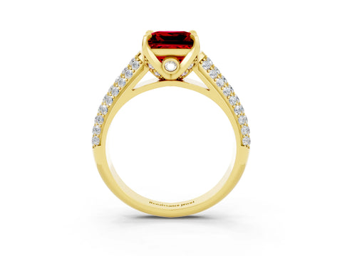 Yellow gold Princess Cut Ruby Solitaire Ring with Three-Row Pavé Band and Four-Prong Setting_15
