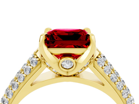 Yellow gold Princess Cut Ruby Solitaire Ring with Three-Row Pavé Band and Four-Prong Setting_16