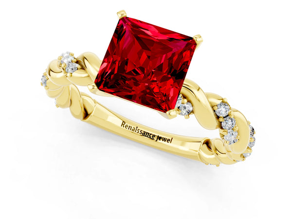 Yellow gold Princess Cut Ruby Solitaire Ring with Twisted Band and Pavé Accents