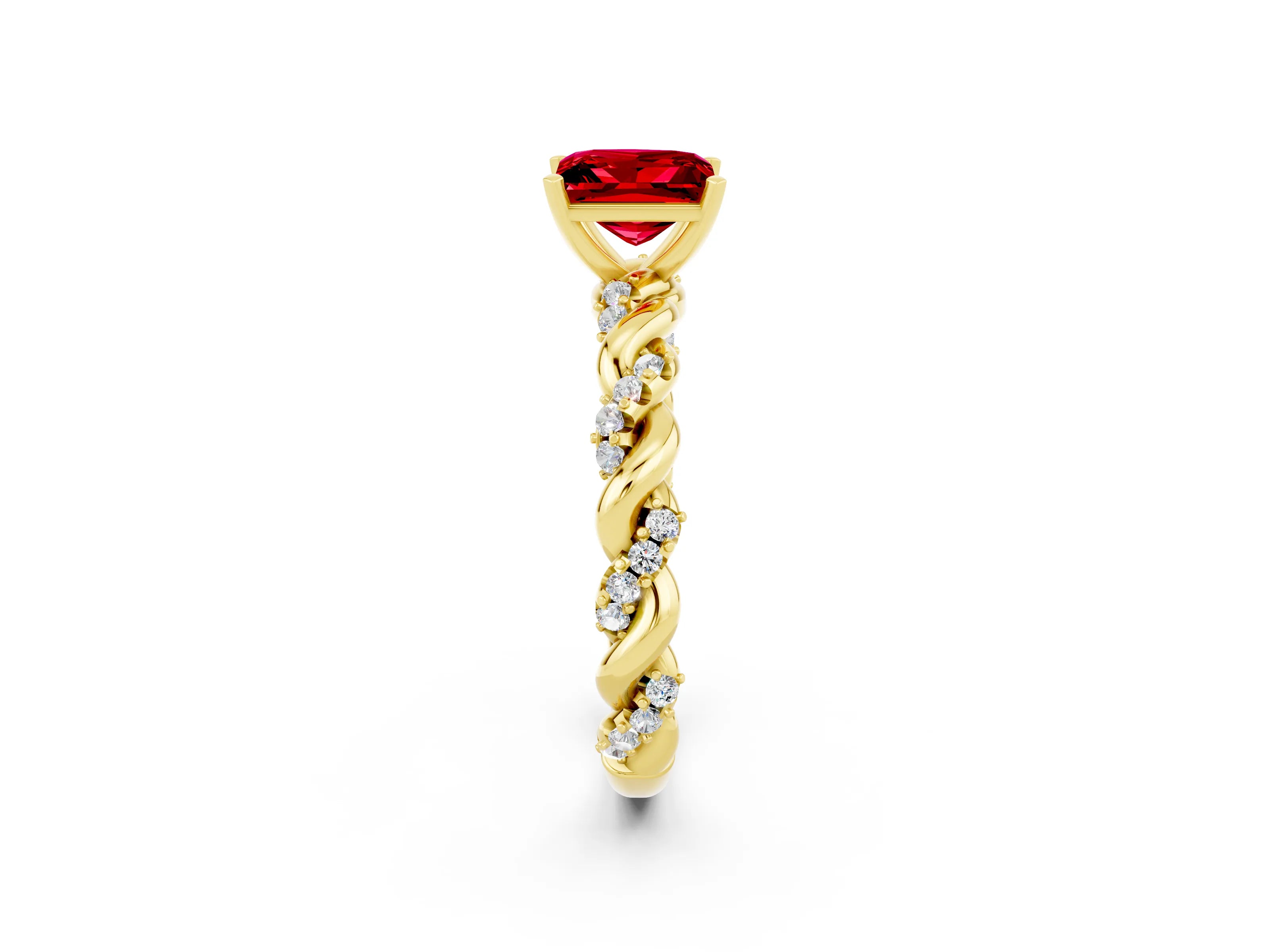 Yellow gold Princess Cut Ruby Solitaire Ring with Twisted Band and Pavé Accents_2