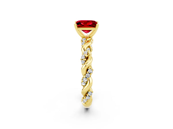 Yellow gold Princess Cut Ruby Solitaire Ring with Twisted Band and Pavé Accents
