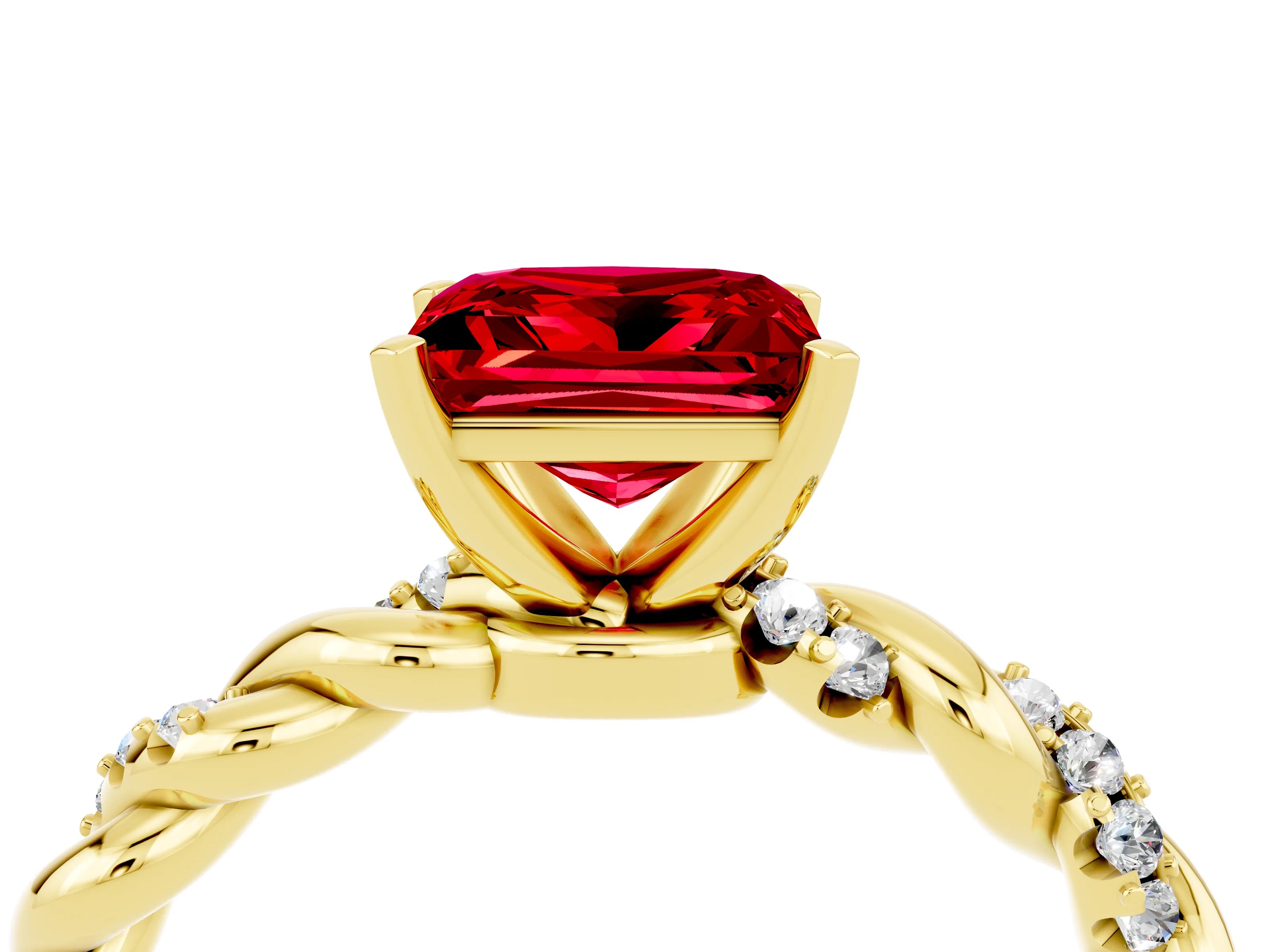 Yellow gold Princess Cut Ruby Solitaire Ring with Twisted Band and Pavé Accents_4