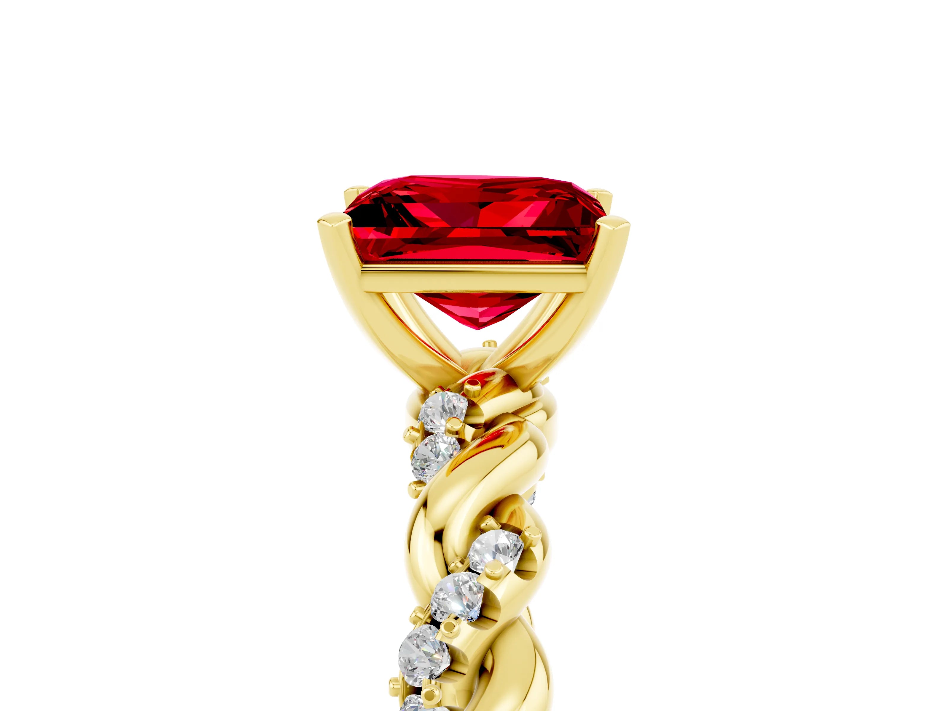 Yellow gold Princess Cut Ruby Solitaire Ring with Twisted Band and Pavé Accents_5