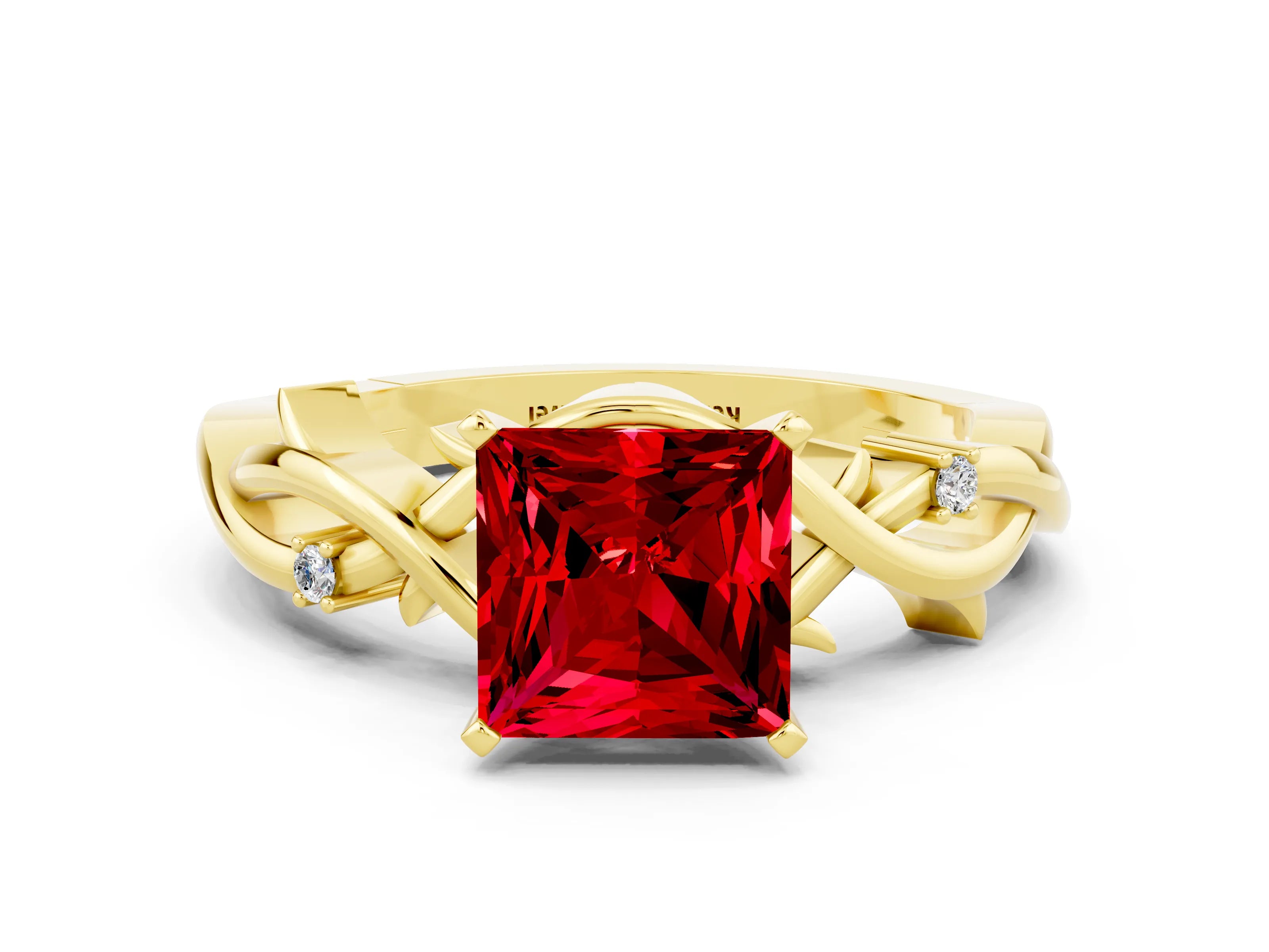 Yellow gold Princess Cut Ruby Solitaire Ring with Twisted Band and Prong Setting