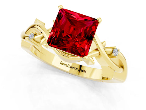 Yellow gold Princess Cut Ruby Solitaire Ring with Twisted Band and Prong Setting_1