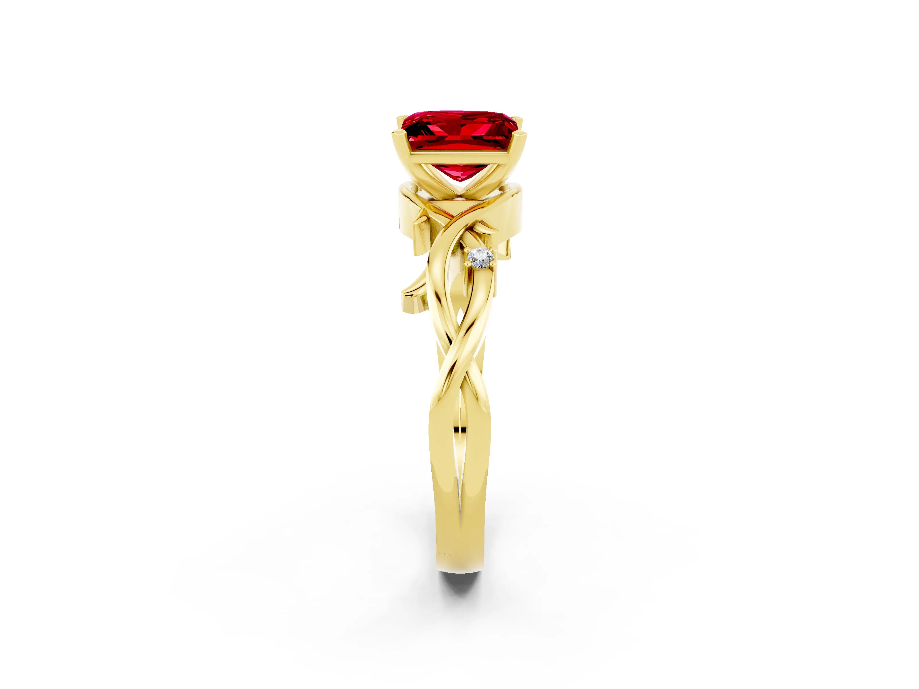 Yellow gold Princess Cut Ruby Solitaire Ring with Twisted Band and Prong Setting_2