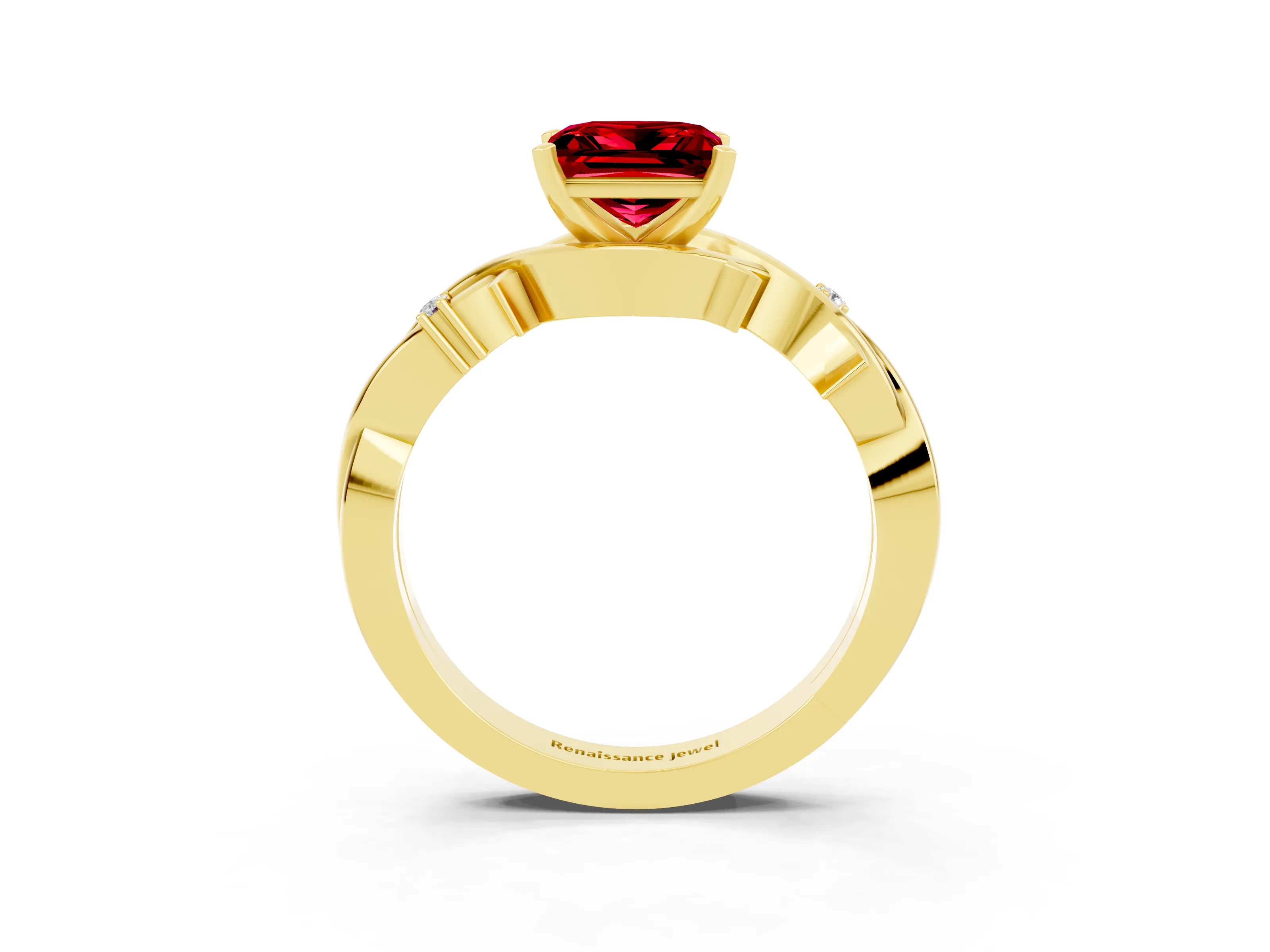 Yellow gold Princess Cut Ruby Solitaire Ring with Twisted Band and Prong Setting_3
