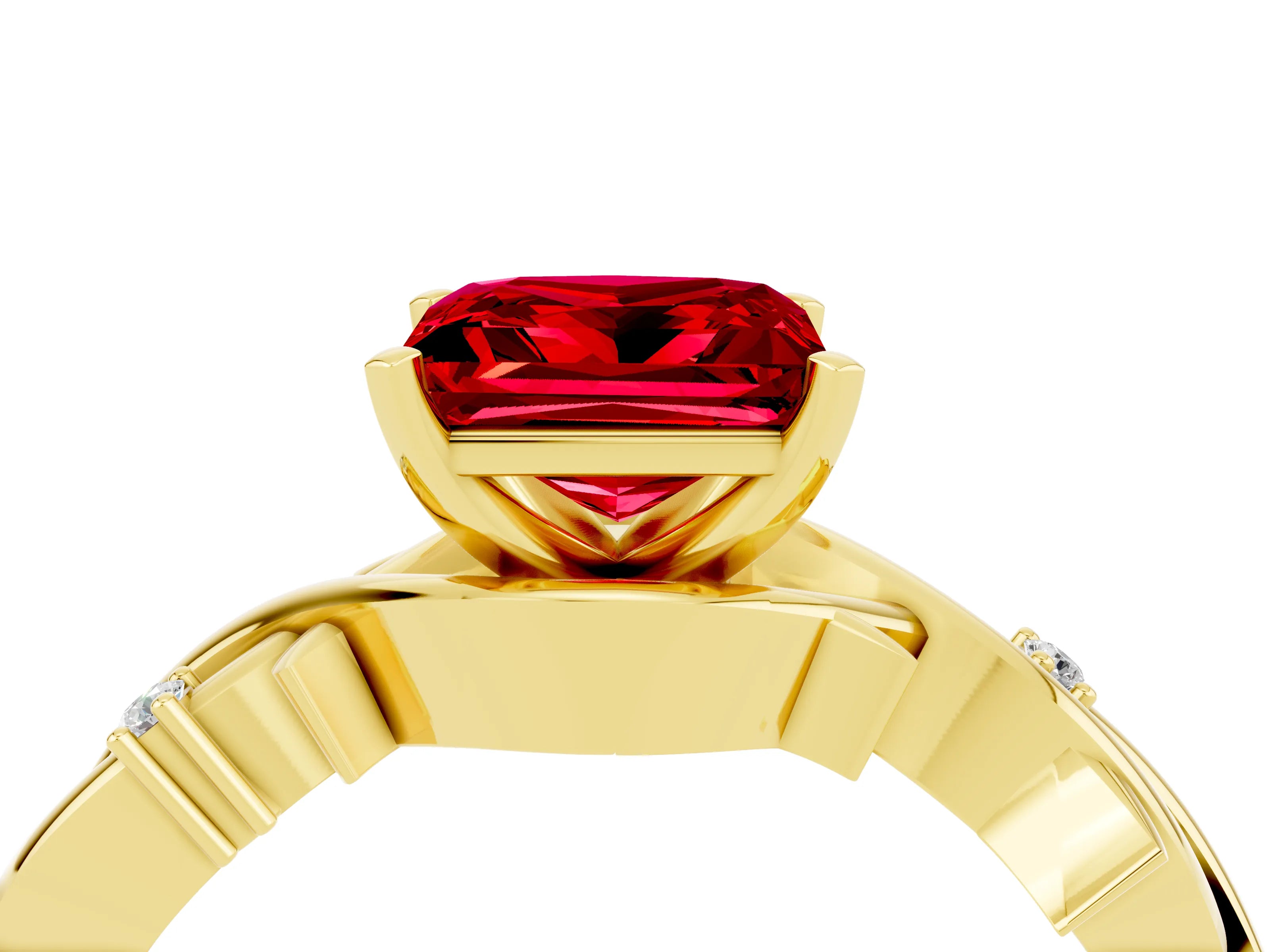Yellow gold Princess Cut Ruby Solitaire Ring with Twisted Band and Prong Setting_4