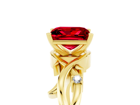 Yellow gold Princess Cut Ruby Solitaire Ring with Twisted Band and Prong Setting_5