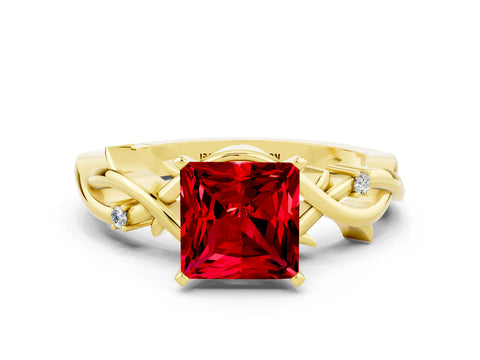 Yellow gold Princess Cut Ruby Solitaire Ring with Twisted Band and Prong Setting