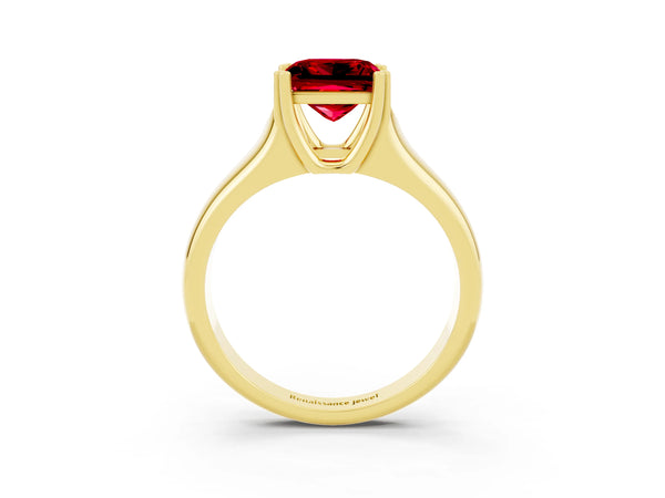Yellow gold Princess Cut Ruby Solitaire Ring with Wide Band and Prong Setting