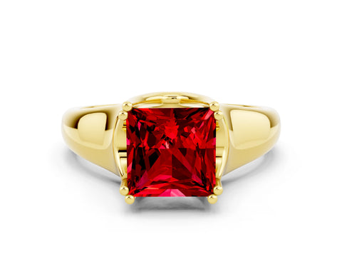 Yellow gold Princess Cut Ruby Solitaire Ring with Wide Band and Prong Setting
