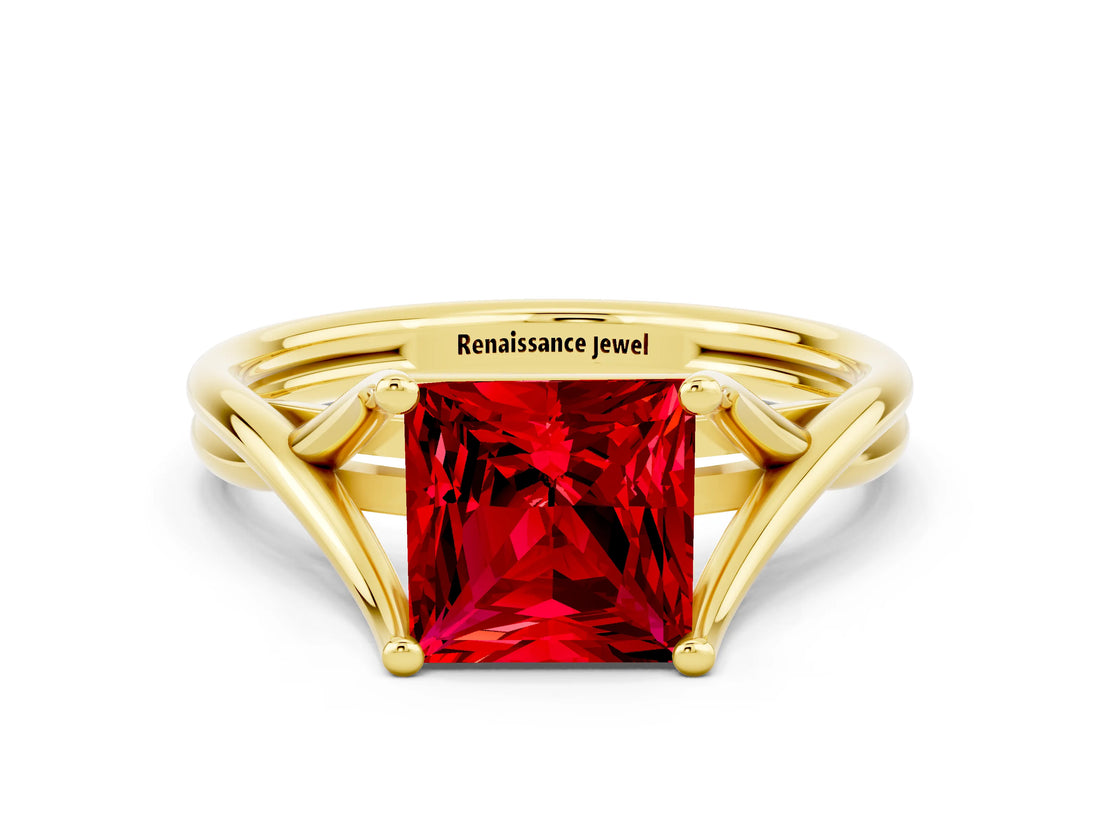 Yellow gold Princess Cut Ruby Solitaire Twist Band Prong Setting Ring_36