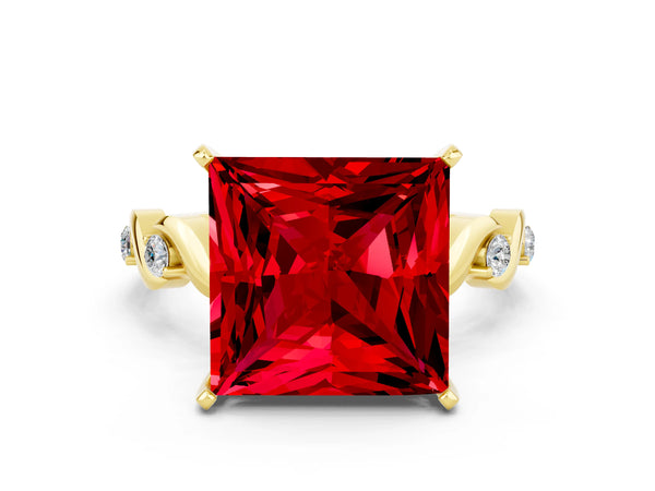 Yellow gold Princess Cut Ruby Solitaire Twisted Band with Round  Accents and Prong Setting
