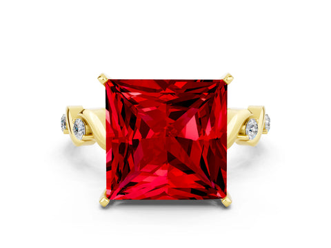 Yellow gold Princess Cut Ruby Solitaire Twisted Band with Round  Accents and Prong Setting_12