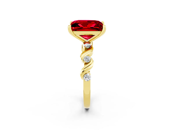 Yellow gold Princess Cut Ruby Solitaire Twisted Band with Round  Accents and Prong Setting