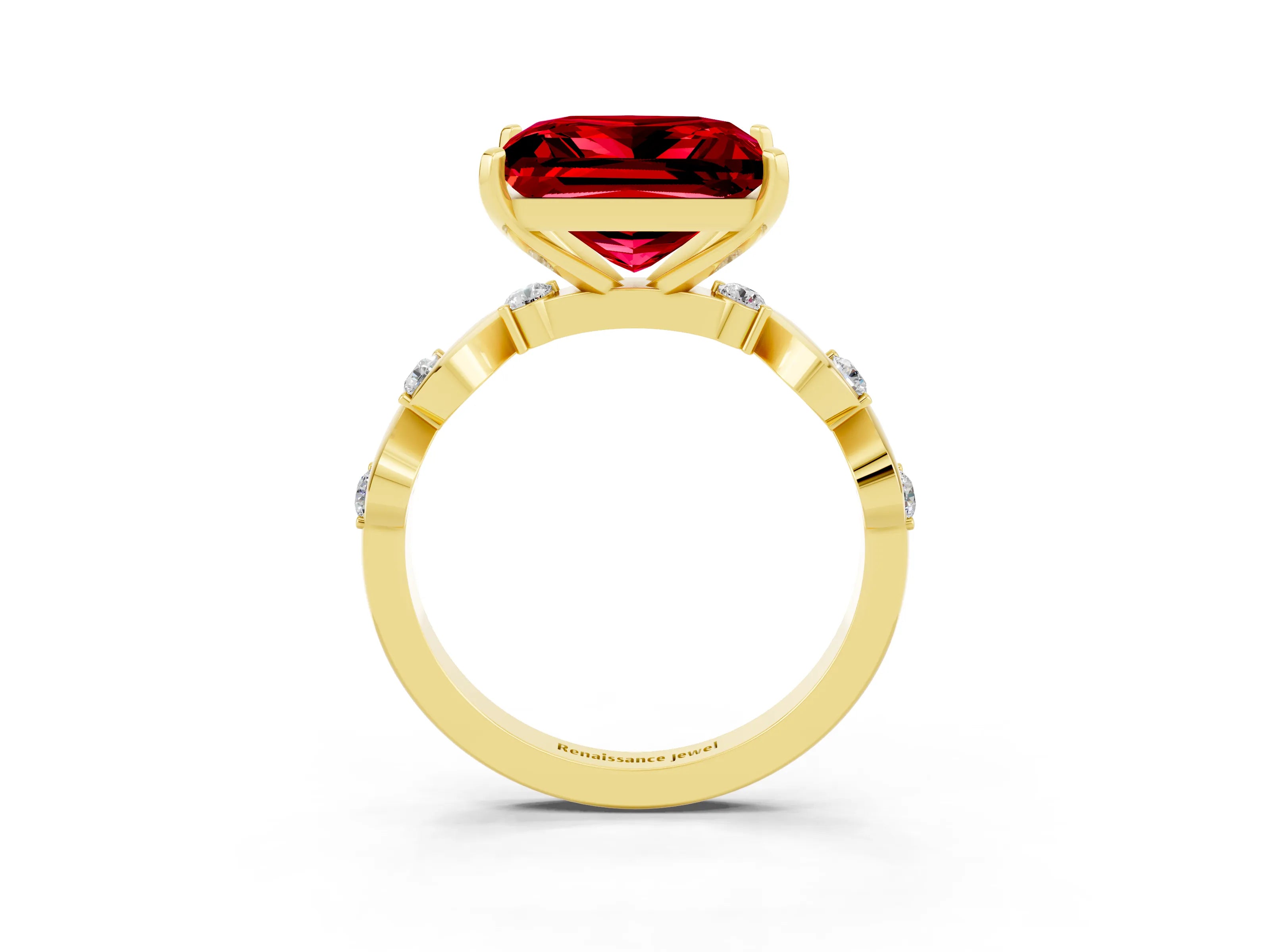 Yellow gold Princess Cut Ruby Solitaire Twisted Band with Round  Accents and Prong Setting_15